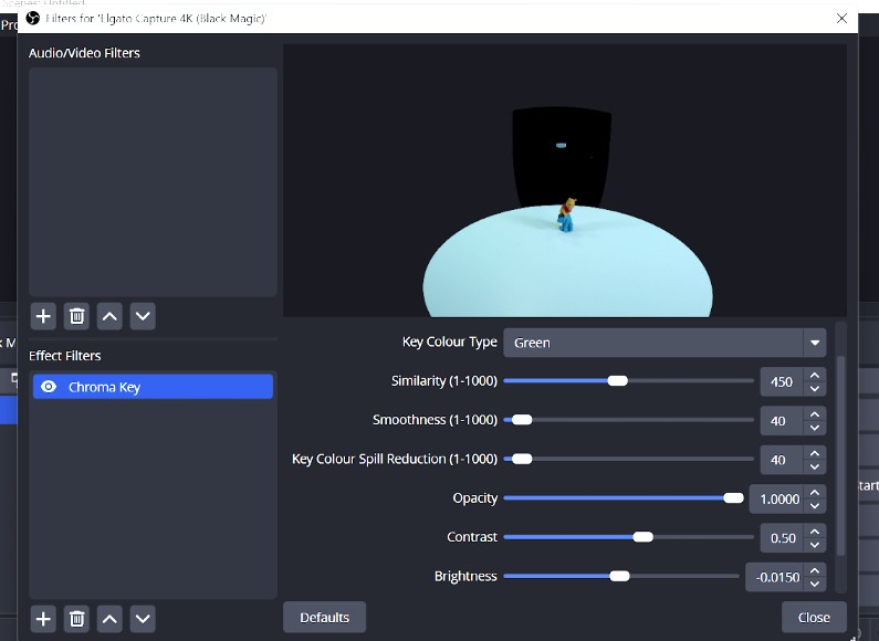 Adjusting green screen background opacity