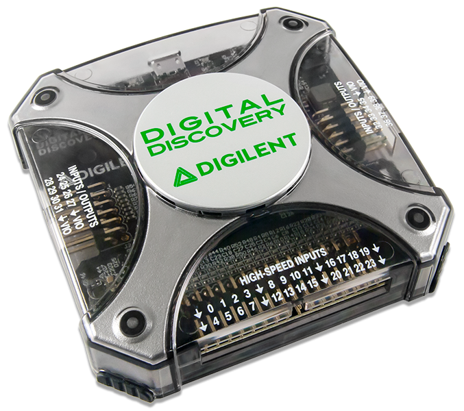 Digilent Digital Discovery; a square black printed circuit board encased in clear plastic, with various connectors
