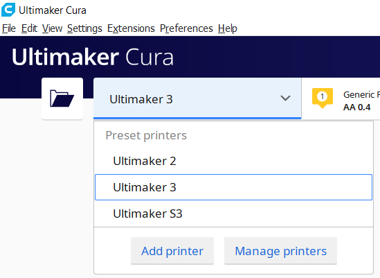 Selecting printers in Cura